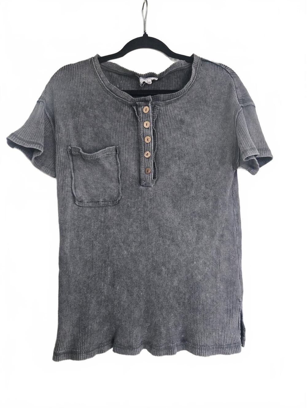 BiBi Gray Ribbed Cotton Henley Short Sleeve Pocket Tee Size S